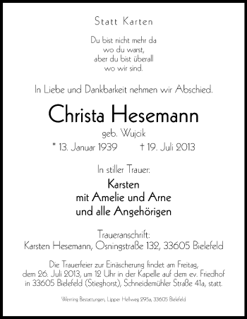 Anzeige von Christa Hesemann von Kölner Stadt-Anzeiger / Kölnische Rundschau / Express