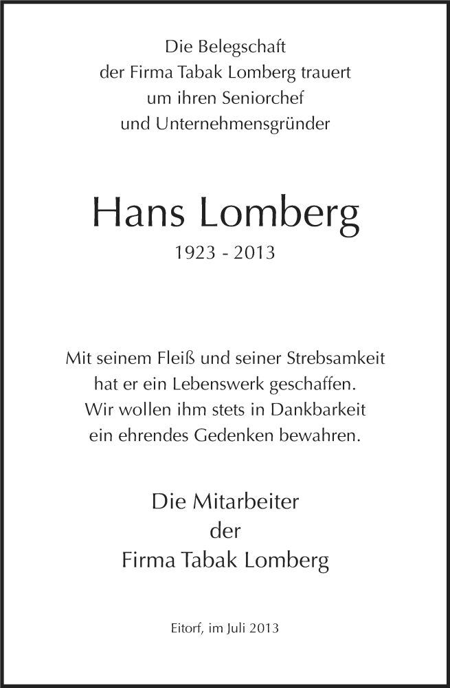  Traueranzeige für Hans Lomberg vom 24.07.2013 aus Kölner Stadt-Anzeiger / Kölnische Rundschau / Express