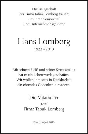 Anzeige von Hans Lomberg von Kölner Stadt-Anzeiger / Kölnische Rundschau / Express