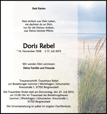 Anzeige von Doris Rebel von Kölner Stadt-Anzeiger / Kölnische Rundschau / Express