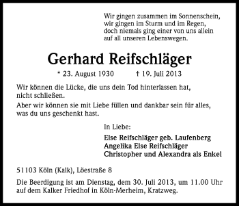 Anzeige von Gerhard Reifschläger von Kölner Stadt-Anzeiger / Kölnische Rundschau / Express