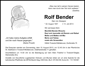 Anzeige von Rolf Bender von Kölner Stadt-Anzeiger / Kölnische Rundschau / Express