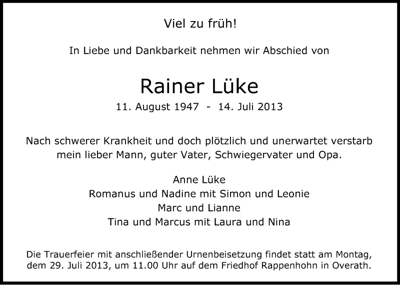  Traueranzeige für Rainer Lüke vom 24.07.2013 aus Kölner Stadt-Anzeiger / Kölnische Rundschau / Express