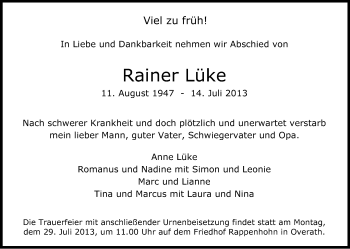 Anzeige von Rainer Lüke von Kölner Stadt-Anzeiger / Kölnische Rundschau / Express