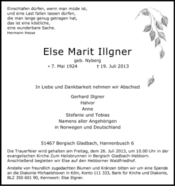 Anzeige von Else Marit Illgner von Kölner Stadt-Anzeiger / Kölnische Rundschau / Express