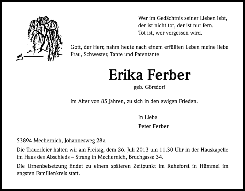  Traueranzeige für Erika Ferber vom 24.07.2013 aus Kölner Stadt-Anzeiger / Kölnische Rundschau / Express