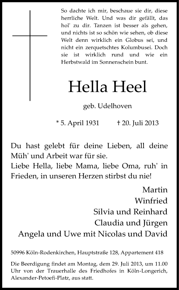 Traueranzeige für Hella Heel vom 24.07.2013 aus Kölner Stadt-Anzeiger / Kölnische Rundschau / Express