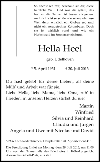 Anzeige von Hella Heel von Kölner Stadt-Anzeiger / Kölnische Rundschau / Express