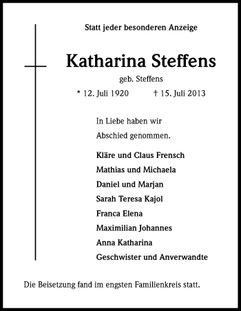 Anzeige von Katharina Steffens von Kölner Stadt-Anzeiger / Kölnische Rundschau / Express