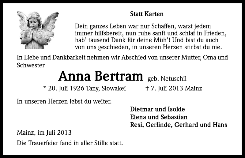  Traueranzeige für Anna Bertram vom 27.07.2013 aus Kölner Stadt-Anzeiger / Kölnische Rundschau / Express