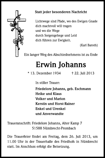Anzeige von Erwin Johanns von Kölner Stadt-Anzeiger / Kölnische Rundschau / Express