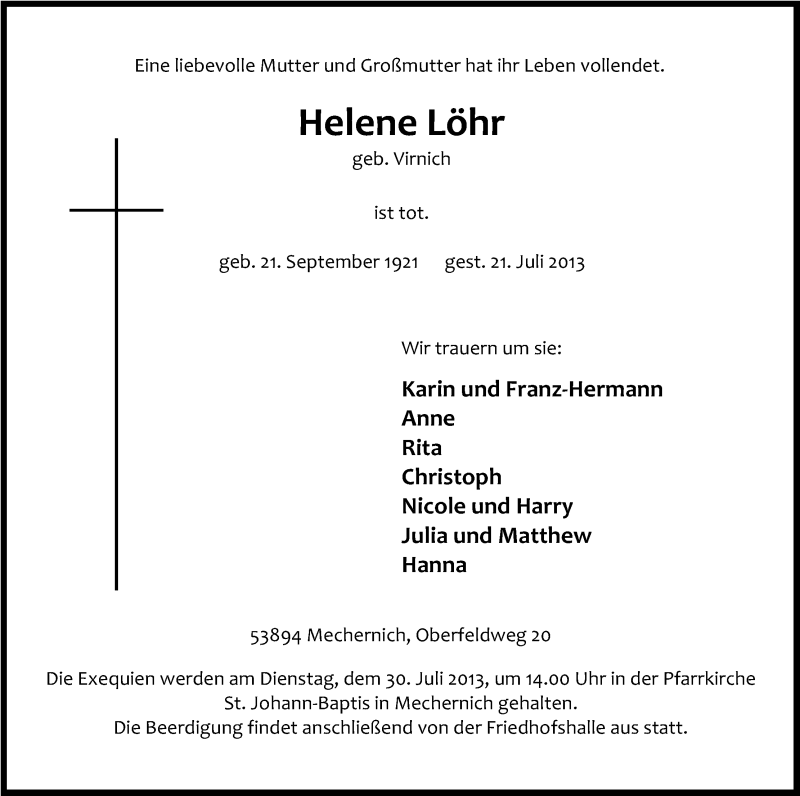  Traueranzeige für Helene Löhr vom 26.07.2013 aus Kölner Stadt-Anzeiger / Kölnische Rundschau / Express