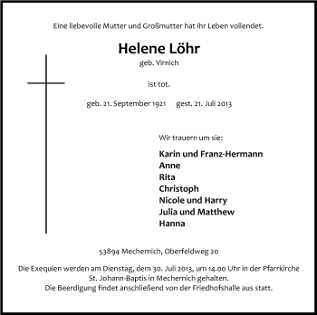 Anzeige von Helene Löhr von Kölner Stadt-Anzeiger / Kölnische Rundschau / Express
