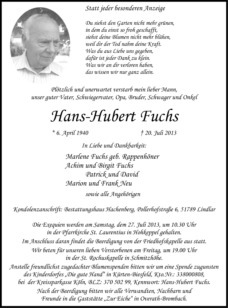  Traueranzeige für Hans-Hubert Fuchs vom 24.07.2013 aus Kölner Stadt-Anzeiger / Kölnische Rundschau / Express