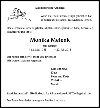 Anzeige von Monika Melenk von Kölner Stadt-Anzeiger / Kölnische Rundschau / Express