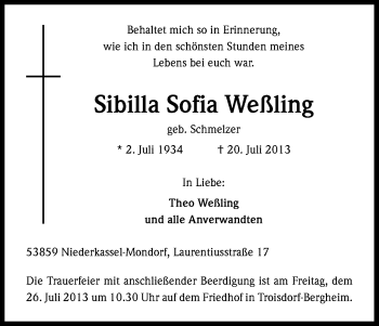 Anzeige von Sibilla Sofia Weßling von Kölner Stadt-Anzeiger / Kölnische Rundschau / Express