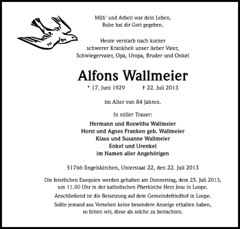 Anzeige von Alfons Wallmeier von Kölner Stadt-Anzeiger / Kölnische Rundschau / Express