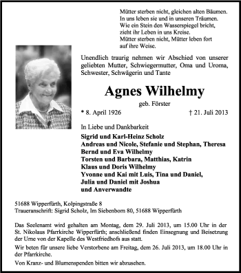 Anzeige von Agnes Wilhelmy von Kölner Stadt-Anzeiger / Kölnische Rundschau / Express