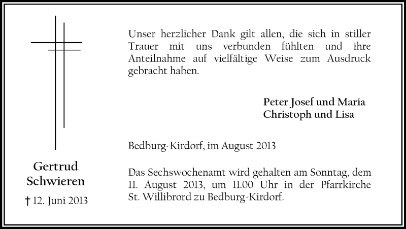  Traueranzeige für Gertrud Schwieren vom 03.08.2013 aus Kölner Stadt-Anzeiger / Kölnische Rundschau / Express