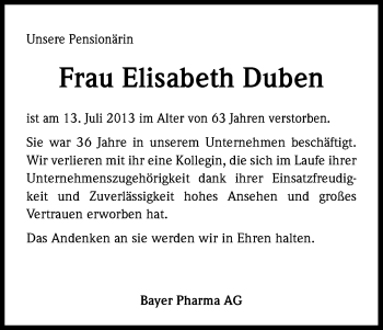 Anzeige von Elisabeth Duben von Kölner Stadt-Anzeiger / Kölnische Rundschau / Express
