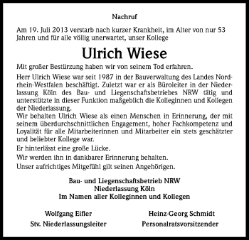 Anzeige von Ulrich Wiese von Kölner Stadt-Anzeiger / Kölnische Rundschau / Express