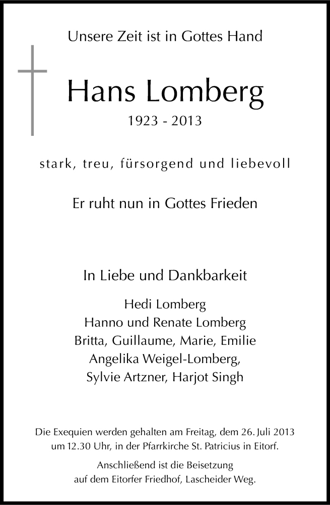  Traueranzeige für Hans Lomberg vom 24.07.2013 aus Kölner Stadt-Anzeiger / Kölnische Rundschau / Express