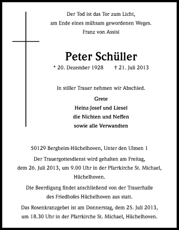 Anzeige von Peter Schüller von Kölner Stadt-Anzeiger / Kölnische Rundschau / Express