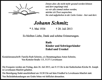 Anzeige von Johann Schmitz von Kölner Stadt-Anzeiger / Kölnische Rundschau / Express