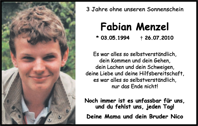  Traueranzeige für Fabian Menzel vom 26.07.2013 aus Kölner Stadt-Anzeiger / Kölnische Rundschau / Express
