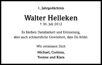Anzeige von Walter Helleken von Kölner Stadt-Anzeiger / Kölnische Rundschau / Express