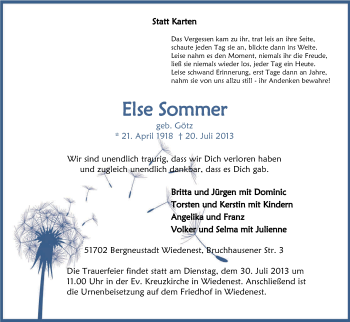 Anzeige von Else Sommer von Kölner Stadt-Anzeiger / Kölnische Rundschau / Express