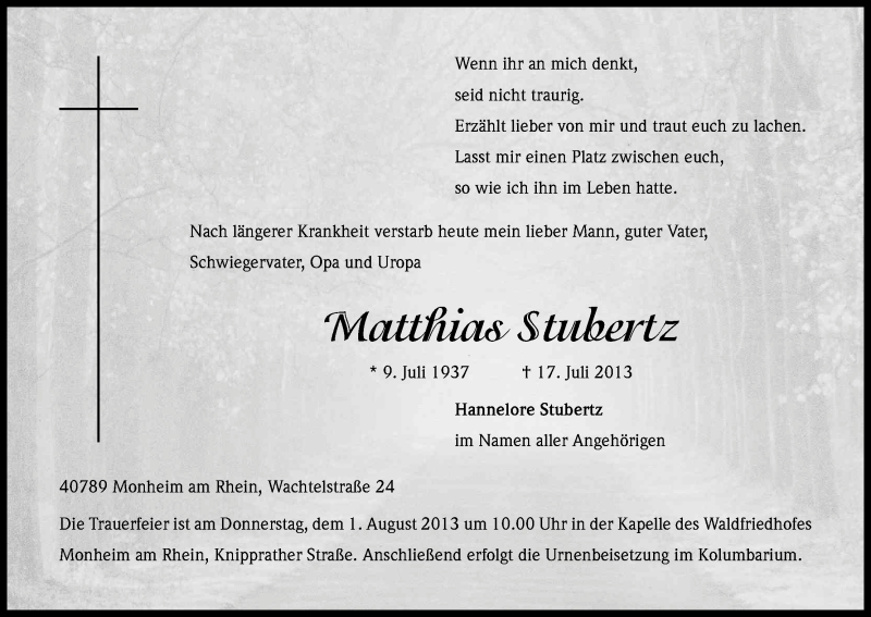  Traueranzeige für Matthias Stubertz vom 27.07.2013 aus Kölner Stadt-Anzeiger / Kölnische Rundschau / Express