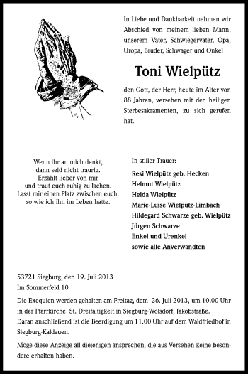 Anzeige von Toni Wielpütz von Kölner Stadt-Anzeiger / Kölnische Rundschau / Express