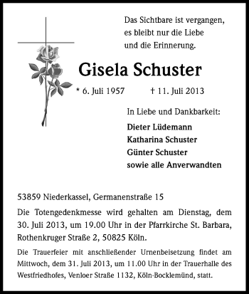 Anzeige von Gisela Schuster von Kölner Stadt-Anzeiger / Kölnische Rundschau / Express