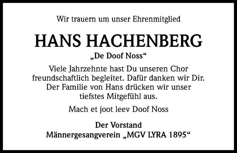  Traueranzeige für Hans Hachenberg vom 27.07.2013 aus Kölner Stadt-Anzeiger / Kölnische Rundschau / Express