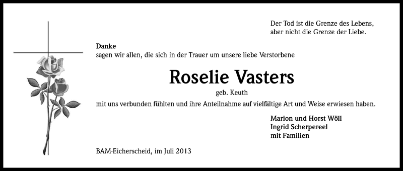  Traueranzeige für Roselie Vasters vom 31.07.2013 aus Kölner Stadt-Anzeiger / Kölnische Rundschau / Express