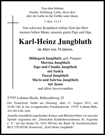 Anzeige von Karl-Heinz Jungbluth von Kölner Stadt-Anzeiger / Kölnische Rundschau / Express