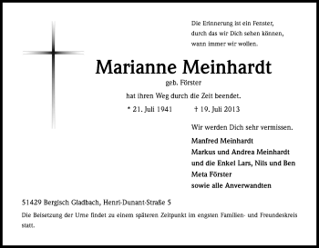 Anzeige von Marianne Meinhardt von Kölner Stadt-Anzeiger / Kölnische Rundschau / Express