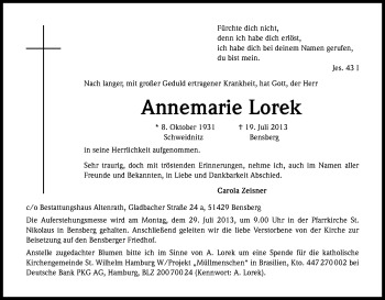 Anzeige von Annemarie Lorek von Kölner Stadt-Anzeiger / Kölnische Rundschau / Express