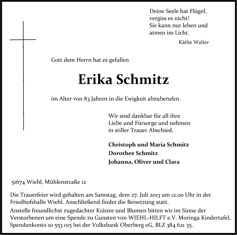  Traueranzeige für Erika Schmitz vom 25.07.2013 aus Kölner Stadt-Anzeiger / Kölnische Rundschau / Express