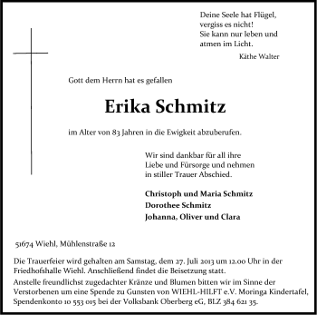 Anzeige von Erika Schmitz von Kölner Stadt-Anzeiger / Kölnische Rundschau / Express