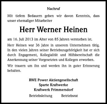 Anzeige von Werner Heinen von Kölner Stadt-Anzeiger / Kölnische Rundschau / Express