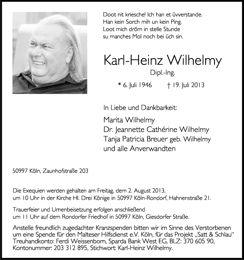  Traueranzeige für Karl-Heinz Wilhelmy vom 27.07.2013 aus Kölner Stadt-Anzeiger / Kölnische Rundschau / Express
