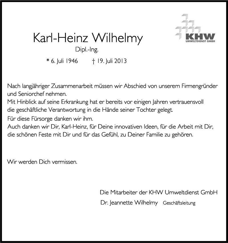  Traueranzeige für Karl-Heinz Wilhelmy vom 27.07.2013 aus Kölner Stadt-Anzeiger / Kölnische Rundschau / Express