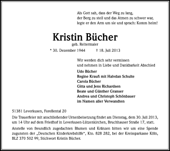 Anzeige von Kristin BÃ¼cher von Kölner Stadt-Anzeiger / Kölnische Rundschau / Express