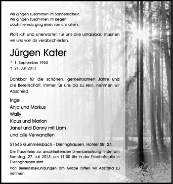 Anzeige von Jürgen Kater von Kölner Stadt-Anzeiger / Kölnische Rundschau / Express
