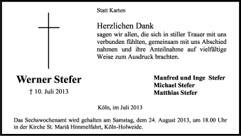 Anzeige von Werner Stefer von Kölner Stadt-Anzeiger / Kölnische Rundschau / Express