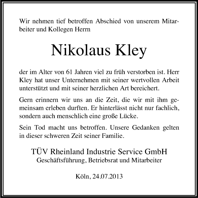  Traueranzeige für Nikolaus Kley vom 24.07.2013 aus Kölner Stadt-Anzeiger / Kölnische Rundschau / Express
