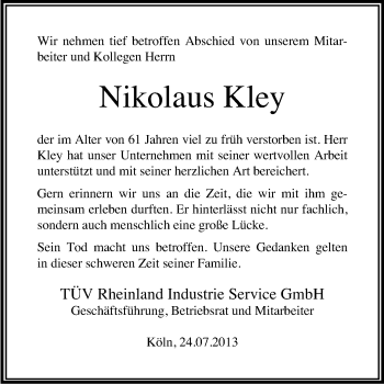 Anzeige von Nikolaus Kley von Kölner Stadt-Anzeiger / Kölnische Rundschau / Express