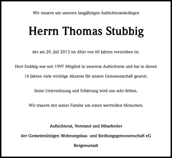Anzeige von Thomas Stubbig von Kölner Stadt-Anzeiger / Kölnische Rundschau / Express